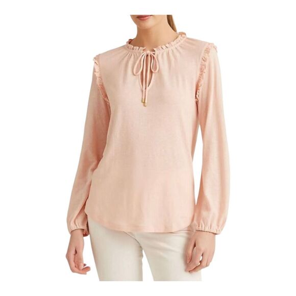 New! Lauren Ralph Lauren Black Label Linen Blend Ruffled Keyhole Blouse, S - Picture 2 of 11